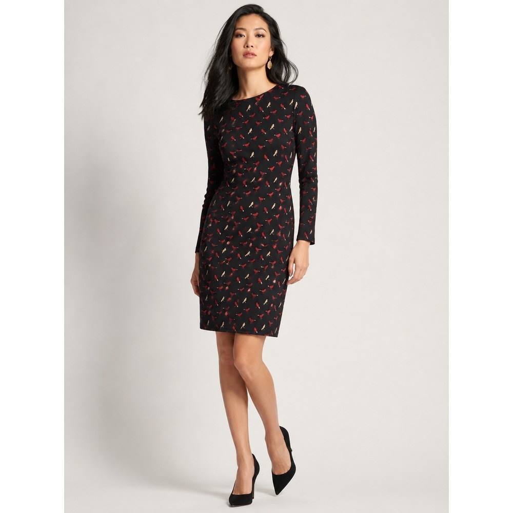 Vivienne Tam Womens Black Bird Shift Dress Long Sleeve Size 12 Professional Work